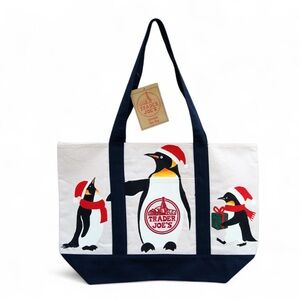 Hand Painted Trader Joe’s Large Canvas Christmas Tote Bag with Penguin Family